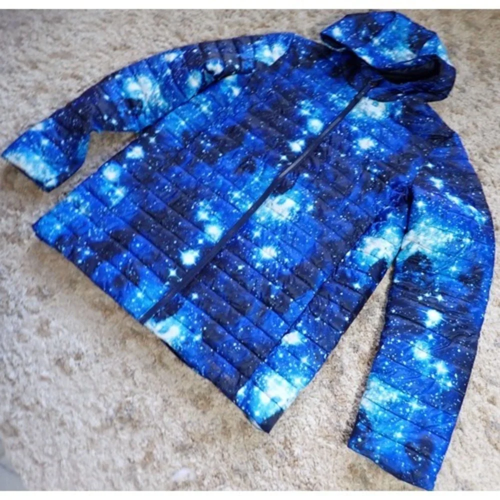 Lands' End Puffer Jacket Girls XXL Blue Galaxy Space Print Excellent PrimaLoft